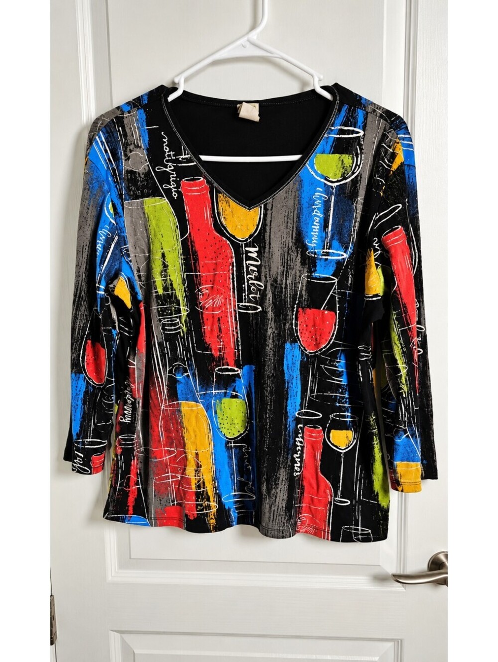 Jess & Jane Wine Medley XL Black Cotton Rhinestone V-Neck Tunic Top USA